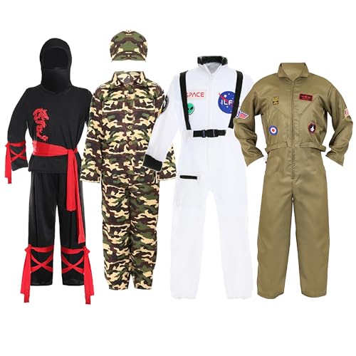 Kinderspielbox Dress Up Set – Groß – Ninja Krieger Kostüm, Soldatenkostüm, Astronautenkostüm und Pilotenkostüm – Perfekt für jede Faschings-Veranstaltung von I LOVE FANCY DRESS