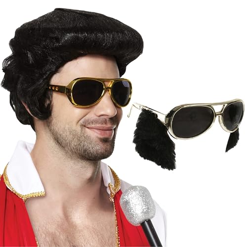 King of Rock & Roll Zubehör-Set – Sonnenbrille mit schwarzen Gläsern, goldenem Rahmen mit schwarzen Koteletten und schwarzer Perücke – perfekt für Musik- und Promi-Kostüme von I LOVE FANCY DRESS