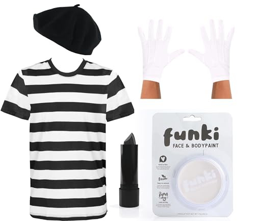 Kostüm für Erwachsene, Mime, T-Shirt, Baskenmütze, Handschuhe, Gesichtsfarbe und schwarzer Lippenstift, Größe L von I LOVE FANCY DRESS