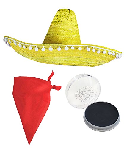 Kostümzubehör-Set für mexikanische Maus mit gelbem Sombrero, schwarzer Gesichtsfarbe und rotem Bandana. von I LOVE FANCY DRESS