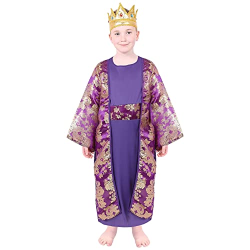 Krippen-Kostüm für Kinder, violett, mittelgroß, violette Tunika mit angenähtem Umhang und goldfarbener Krone, 3 weise Männer, Melchior Krippen-Kostüm von I LOVE FANCY DRESS