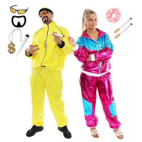 Lustiges 90er Jahre Rapper & Me Julie Kostüm Set - Großer gelber Trainingsanzug, großer rosa & blauer Trainingsanzug, gelbe Sonnenbrille, Ziegenbart, Dollarkette, gefälschter Spliff, Scrunchie & von I LOVE FANCY DRESS