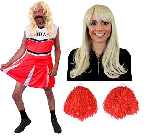 MÄNNER JUNGESELLENABSCHIED ROTES CHEERLEADER KOSTÜM+PERÜCKE=LUSTIGE HERREN VERKLEIDUNG=FASCHING+KARNEVAL +SPORTVERANSTALLTUNGEN AMERIKANISCHEN ART=MIT+OHNE PUSCHEL -LARGE- MIT POMPOM von I LOVE FANCY DRESS