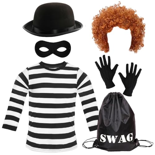 Mädchen Einbrecherin Kostüm Kinder – Hemd, Afro-Handschuhe, Swag Bag Bowler Hut Maske – Kinder Schule Welttag Woche Dress Up – L von I LOVE FANCY DRESS