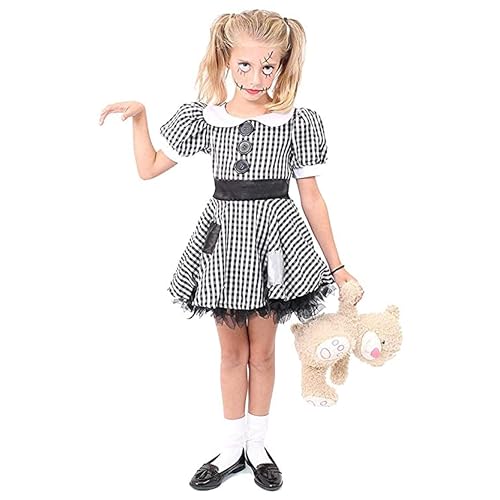 Mädchen Gruseliges Puppenkostüm – klein – schwarz-weiß kariertes Kleid mit ausgefranstem Saum und Patches – gruseliges Halloween Broken Ragdoll China Doll Kostüm von I LOVE FANCY DRESS