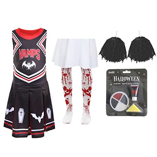 Mädchen Halloween Vampir Cheerleader Groß 10-12 Jahre Schwarz Cheerleader Kleid mit schwarzen Pompons, blutigen Strumpfhosen, Kunstblut und Gesichtsfarbe von I LOVE FANCY DRESS