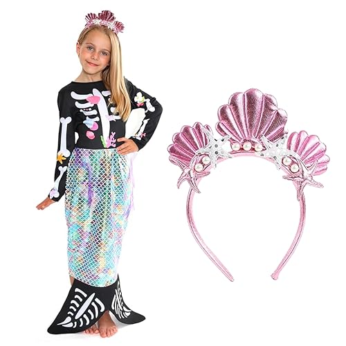 Mädchen Skelett Meerjungfrau Halloween Kostüm - Groß - Schwarzes Skelett Kleid mit Meerjungfrau Schwanz Rock und Rosa Muschel Stirnband - Kinder Halloween Trick or Saures Karneval Kostüm von I LOVE FANCY DRESS