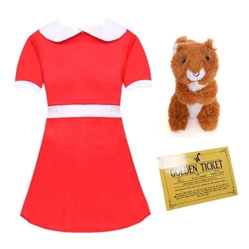 Mädchen Spoilt Golden TicketWinner Kostüm – Groß – Rotes Kleid mit weißem Kragen, Plüschtier Eichhörnchen und goldenem Ticket – Kinder-TV/Filmweltbuchtag Kostüm von I LOVE FANCY DRESS