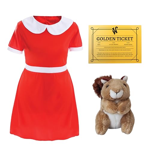 Mädchen Spoilt Golden TicketWinner Kostüm – Groß – Rotes Kleid mit weißem Kragen, Plüschtier Eichhörnchen und goldenem Ticket – Kinder-TV/Filmweltbuchtag Kostüm von I LOVE FANCY DRESS