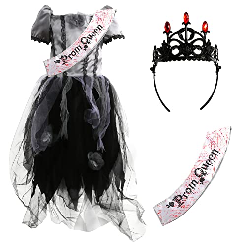 Mädchen Zombie Prom Queen Halloween Kostüm – Groß – Gothic Kostüm Grau & Schwarz Abschlussballkleid, schwarze Krone & Abschlussball Königin Schärpe von I LOVE FANCY DRESS