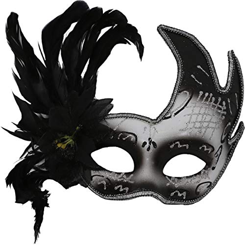 Maskerade Masken Kostüm Zubehör – Schwarz, Weiß und Silber Maskerade Masken Klassisches Design Glitzer Dekorative Gesichtsmasken mit schwarzen Federn von I LOVE FANCY DRESS