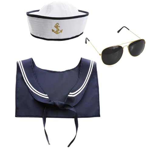 Matrosen-Set für Erwachsene, weiße Matrosenmütze, marineblauer und weißer Schal, schwarze Sonnenbrille, für Herren und Damen, marineblau, nautisches Kostümzubehör-Set von I LOVE FANCY DRESS