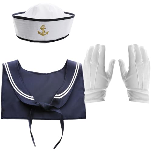 Matrosen-Set für Erwachsene, weiße Matrosenmütze, marineblauer und weißer Schal, weiße Handschuhe, für Herren und Damen, marineblau, nautisches Kostümzubehör-Set von I LOVE FANCY DRESS