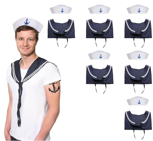 Matrosen-Set für Herren – 6 Stück – weiße Doughboy-Seemannskappe mit blauem Anker und marineblauem und weißem Schal – Erwachsene nautisches Kostüm Zubehör Matrosen-Set für Herren – 6 Stück – weiße Doughboy-Seemannskappe mit blauem Anker und marineblauem und weißem Schal – Erwachsene nautisches Kostüm Zubehör von I LOVE FANCY DRESS