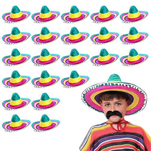 Mexikanischer Sombrero für Kinder, mehrfarbig, mit Bommelrändern, Kostüm-Zubehör, Stroh, Urlaub, 24 Stück von I LOVE FANCY DRESS