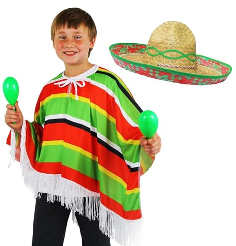 Mexikanischer mehrfarbiger Poncho + Sombrero für Kinder, perfekt für jede Kinder-Kostümparty für Jungen oder Mädchen – Grüner Sombrero von I LOVE FANCY DRESS