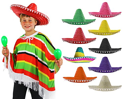 Mexikanischer mehrfarbiger Poncho + Sombrero mit Bommelkante, ideal für Kinder-Kostümparty, für Jungen oder Mädchen - die Sombreros sind in verschiedenen Farben erhältlich von I LOVE FANCY DRESS