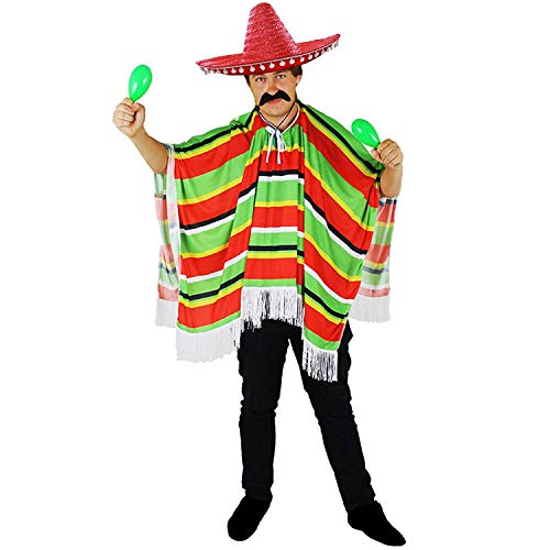 Mexikanischer mehrfarbiger Poncho + Sombrero mit Pom-Pom-Rand + mexikanischer Schnauzer und Zigarre, perfekt für jeden Erwachsenen von I LOVE FANCY DRESS