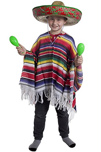 Mexikanisches Kinderkostüm für Jungen, Poncho + großes, grünes Sombrero Wild-West-Bandit für Kinder von I LOVE FANCY DRESS