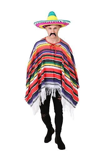 Mexikanisches Kostüm für Erwachsene, Poncho, Sombrero und falscher Schnurrbart, mehrfarbig von I LOVE FANCY DRESS