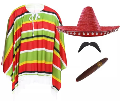 Mexikanisches Kostüm für Erwachsene, mehrfarbiger Poncho, roter Sombrero, künstliche Zigarre, künstlicher Schnurrbart – Herren Damen Mexiko Cinco de Mayo Kostüm von I LOVE FANCY DRESS