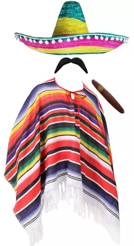 Mexikanisches Kostüm für Erwachsene, mehrfarbiger Poncho mit Quasten, mehrfarbiger Sombrero, gefälschter Schnurrbart, Mexiko, Cinco de Mayo von I LOVE FANCY DRESS