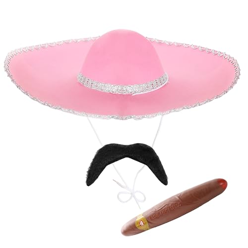 Mexikanisches Zubehör-Set für Erwachsene, 1 Stück, großer rosa Sombrero, gefälschte Zigarre, gefälschter schwarzer Schnurrbart, Mexiko, Fiesta, Cinco de Mayo, Kostümzubehör von I LOVE FANCY DRESS