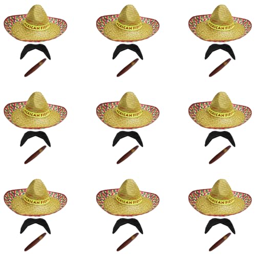 Mexikanisches Zubehör-Set für Erwachsene, 12 Stück, Rot, mexikanischer Fiesta, Sombrero, schwarzer Schnurrbart, gefälschte Zigarre, Mexiko, Cinco de Mayo, Fiesta, Kostümzubehör-Set von I LOVE FANCY DRESS