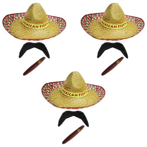 Mexikanisches Zubehör-Set für Erwachsene, 3 Stück, rot, mexikanischer Fiesta, Sombrero, schwarzer Schnurrbart, gefälschte Zigarre, Mexiko, Cinco de Mayo, Fiesta, Kostümzubehör-Set von I LOVE FANCY DRESS