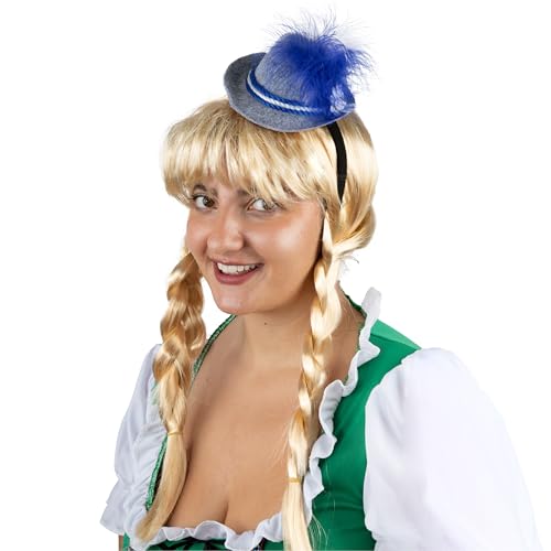 Mini Bayerischer Hut Stirnband & Blonde Zopfperücke - Mini Grau Bayerischer Hut Stirnband und Blond Zopf Perücke - Perfekt für Oktoberfest & Bayerische Verkleidung von I LOVE FANCY DRESS