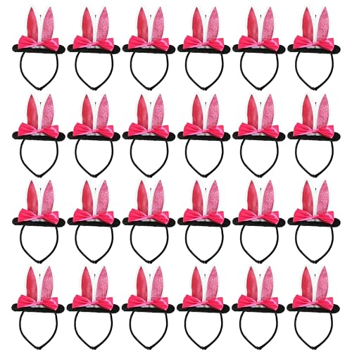 Mini Zylinder mit Hasenohren - 24 Stück - Schwarzer Mini Zylinder auf Haarreif mit angenähten weißen & rosa Hasenohren und rosa Schleife - Weltbuchtag Ostern Kostüm Zubehör von I LOVE FANCY DRESS