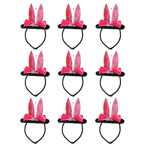 Mini Zylinder mit Hasenohren - 9 Stück - Schwarzer Mini Zylinder auf Haarreif mit angenähten weißen & rosa Hasenohren und rosa Schleife - Weltbuchtag Ostern Kostüm Zubehör von I LOVE FANCY DRESS