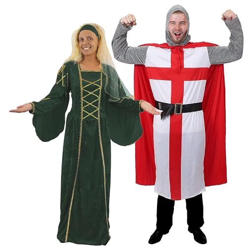 Mittelalterliche Königin & Ritter Kostüm für Paare – Grüne Renaissance Fair Tudor-Ära Outfit St. Georges Flagge Kreuz Königliche Sport-Fans Party – Damen: Standard Herren: Medium von I LOVE FANCY DRESS