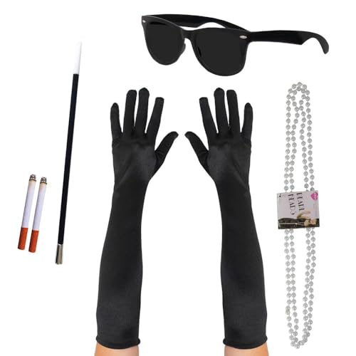 Morgenfrühstück Damen Kostüm Set mit langem Ellenbogen schwarzen Handschuhen, Zigarettenhalter, 2 gefälschte Zigaretten, Schwarze Sonnenbrille, Perlenkette – 1920er Jahre Resturant Smoking Woman von I LOVE FANCY DRESS