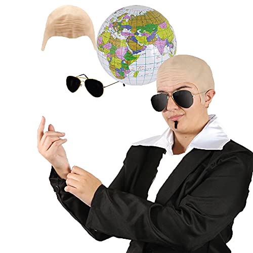 Mr Worldwide Deluxe-Zubehör-Set für Erwachsene, Glatzenkappe, Flieger-Sonnenbrille, aufblasbarer Globus und schwarzer Soulpatch, Herrenkostüm von I LOVE FANCY DRESS