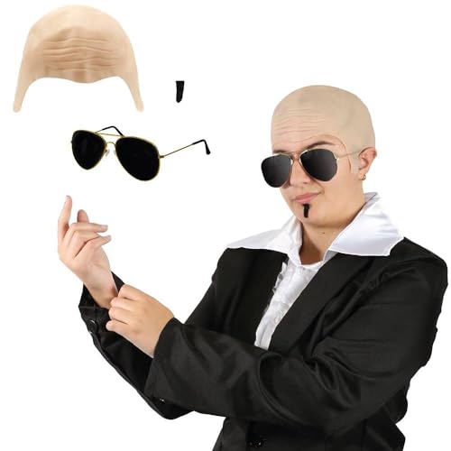 Mr Worldwide Zubehör-Set für Erwachsene – Glatzkappe, Sonnenbrille und schwarzer Soulpatch – Herren-Kostüm von I LOVE FANCY DRESS