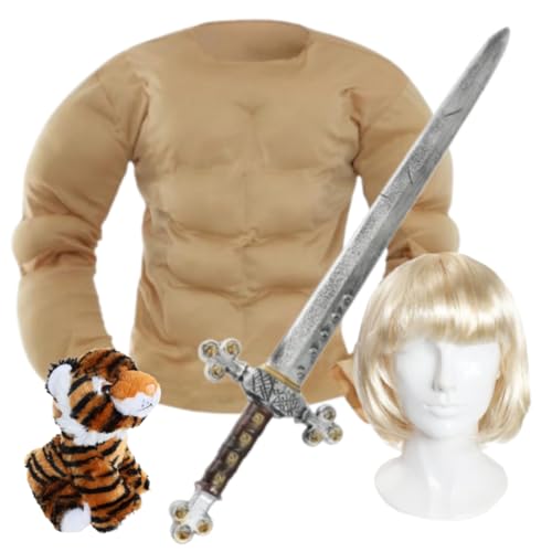 Muskelbrust-Kostüm-Set mit blonder Perücke, 73,7 cm Schwert-Requisite & Tigerspielzeug, 80er-Jahre-Helden-Kostüm-Outfit für Erwachsene, Größe XL Muskelbrust-Kostüm-Set mit blonder Perücke, 73,7 cm Schwert-Requisite & Tigerspielzeug, 80er-Jahre-Helden-Kostüm-Outfit für Erwachsene, Größe XL von I LOVE FANCY DRESS