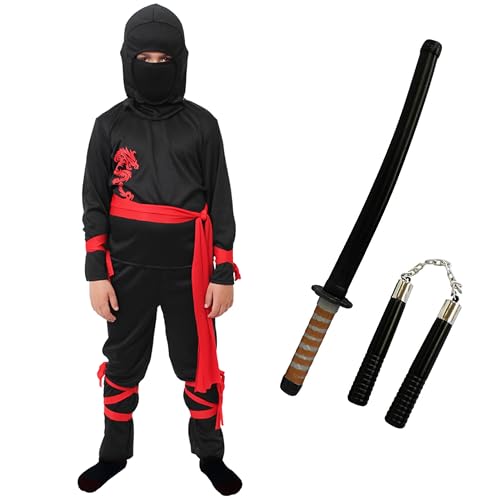 Ninja-Kostüm-Set für Kinder, Größe M, schwarzes Oberteil und Hose, schwarze Kapuze, Katana-Schwert, Kunststoff-Nunchucks und Kunststoff-Wurfstern – perfekt für Charakterverkleidungen und von I LOVE FANCY DRESS