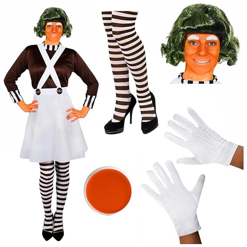 Oompa-Loompa-Kostüm für Damen (Figur aus „Charlie und die Schokoladenfabrik“), mit Perücke, Schminke und Augenbrauen; Verkleidung für eine Kostümparty, den Welttag des Buches oder die Buchwoche von I LOVE FANCY DRESS