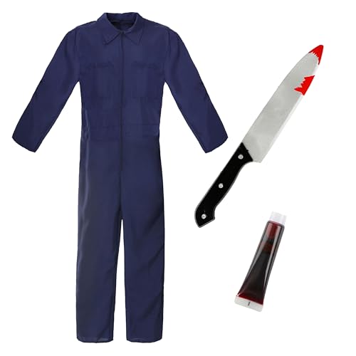 Overall für Erwachsene, Messer- und Blut-Kostüm, Größe XXL, marineblauer Overall, künstliches Kunststoffmesser und Kunstblut, Halloween-Kostüm für Erwachsene von I LOVE FANCY DRESS