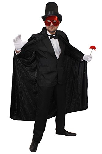 PHANTOM DER OPER = GEIST EINES THEATER VERKLEIDUNG KOSTÜM BEINHALTET-SCHWARZER ANZUG +ROTE HALB GESICHTSMASKE+SCHWARZE FLIEGE+ HANDSCHUHE+VELOUR UMHANG MIT KAPUTZE+ROTE PLASTIK NELKE=LARGE von I LOVE FANCY DRESS