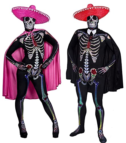 I LOVE FANCY DRESS Halloween-Kostüme für Paare, Tag der Toten – passende Schädel-Hautanzüge + Sombreros für Sie und Ihn, rote und rosa Umhänge (Herren: L – Damen: XL) von I LOVE FANCY DRESS