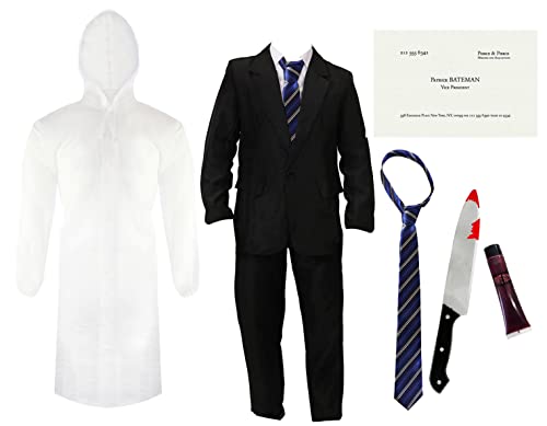 Patrick Bateman Erwachsenenkostüm – Schwarzer Anzug, transparenter Regenmantel, Krawatte, Kunstmesser, Visitenkarte und Kunstblut – Halloween-Kostüm für Herren von I LOVE FANCY DRESS