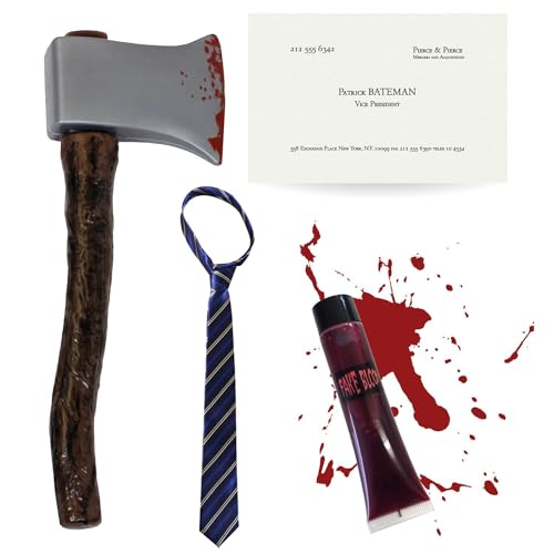 Patrick Bateman Kostüm Zubehör-Set – Blühende Axt + blaue Krawatte + Visitenkarte + falsches Blut – Erwachsene American Psycho-TV & Film Charakter Halloween Kostüm von I LOVE FANCY DRESS