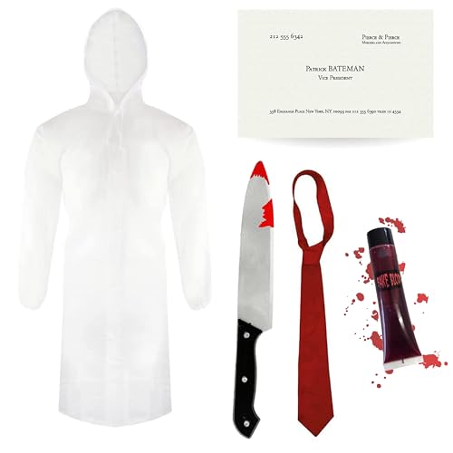 Patrick Bateman Kostüm für Erwachsene – Standard – transparenter Regenmantel, rote Krawatte, falsches Messer, Visitenkarte und Kunstblut – Herren Psycho American TV Film Charakter Halloween von I LOVE FANCY DRESS