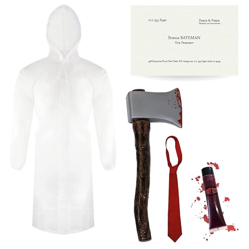 Patrick Bateman Medium Kostüm für Erwachsene, schwarzer Anzug, transparenter Regenmantel, rote Krawatte, falsche Axt, Visitenkarte und Kunstblut – Halloween-Kostüm für Herren von I LOVE FANCY DRESS