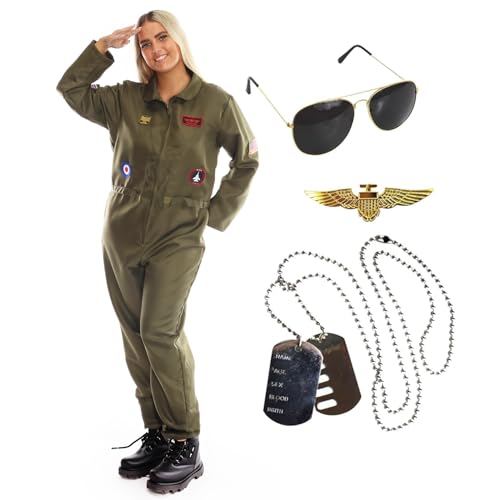 Piloten-Kostüm für Damen, Größe S, grüner Overall mit Militär-Patches, Sonnenbrille, Medaille und Hundemarken, Piloten-Kostüm, TV-Film-Kostüm für Damen von I LOVE FANCY DRESS