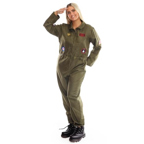 Piloten-Kostüm für Damen, Größe XL, grüner Overall mit Militär-Patches, Piloten-Kostüm, TV-Film-Kostüm von I LOVE FANCY DRESS