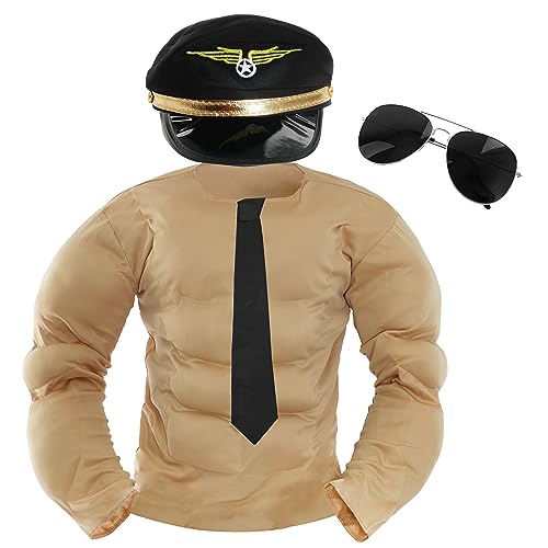 Pilotenkostüm für Erwachsene, Standardgröße, beiges Brust-Top, Fliegerbrille, schwarze Krawatte und Pilotenhut, perfekt für Junggesellenabschiede und andere Kostümveranstaltungen von I LOVE FANCY DRESS