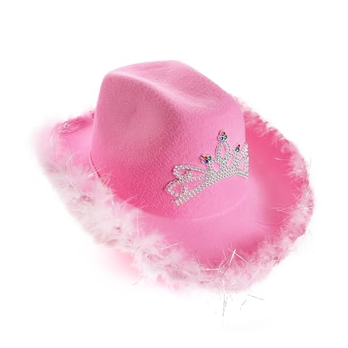 Pink Tiara Cowgirl Hüte - 1 Stück - Rosa Cowgirl Hut mit Marabu Trim und Tiara Dekoration - Erwachsene Festival Musik Verkleidung Zubehör von I LOVE FANCY DRESS